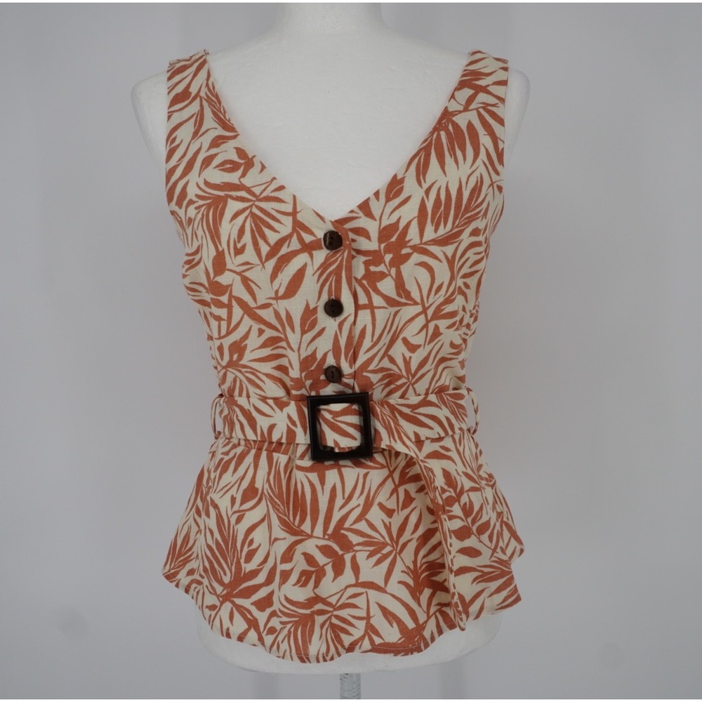 Monteau Los Angeles Women Small Tropical Leaf Print Belted Peplum Top Terracotta